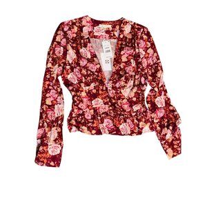 WAYF Womens Floral V-Neck Long Sleeve Blouse Large